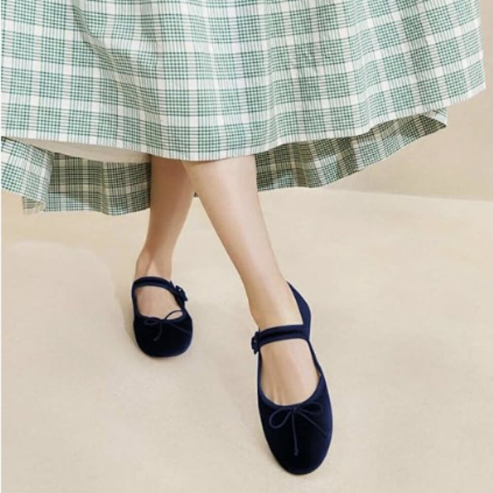miss left Women Bowknot Ankle Strap Mary Jane Classic Closed Round Toe Blue